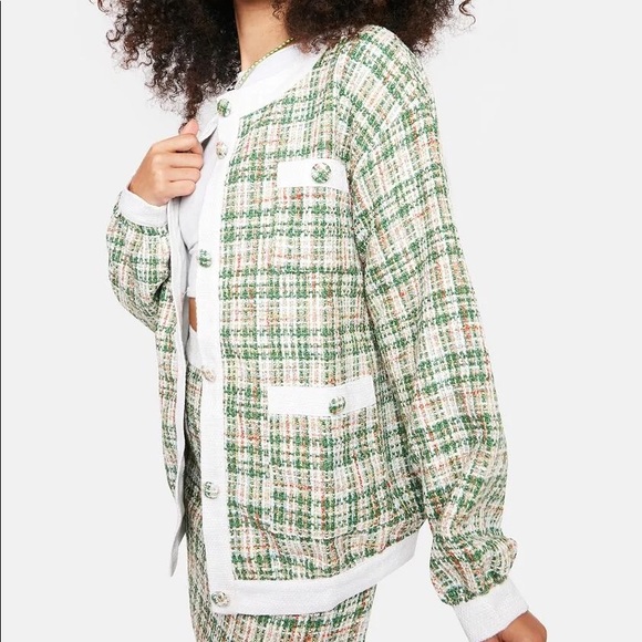NWT Glamorous Green White Tweed Blazer Jacket - Picture 2 of 10